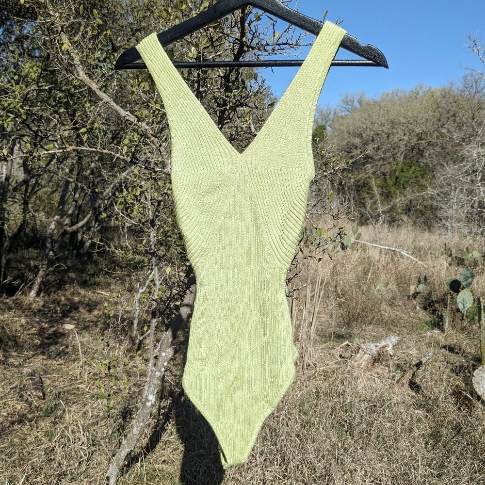 Abercrombie and Fitch Knit‎ Thong Bodysuit S Lime Green Ribbed Sweater Coquette